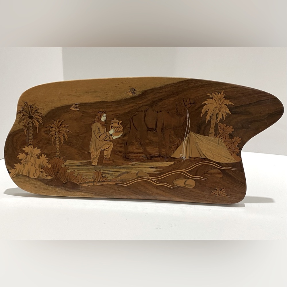 Vintage Wood Plaque Marquetry Inlay Middle East Campsite Tent Camel Palm Trees
